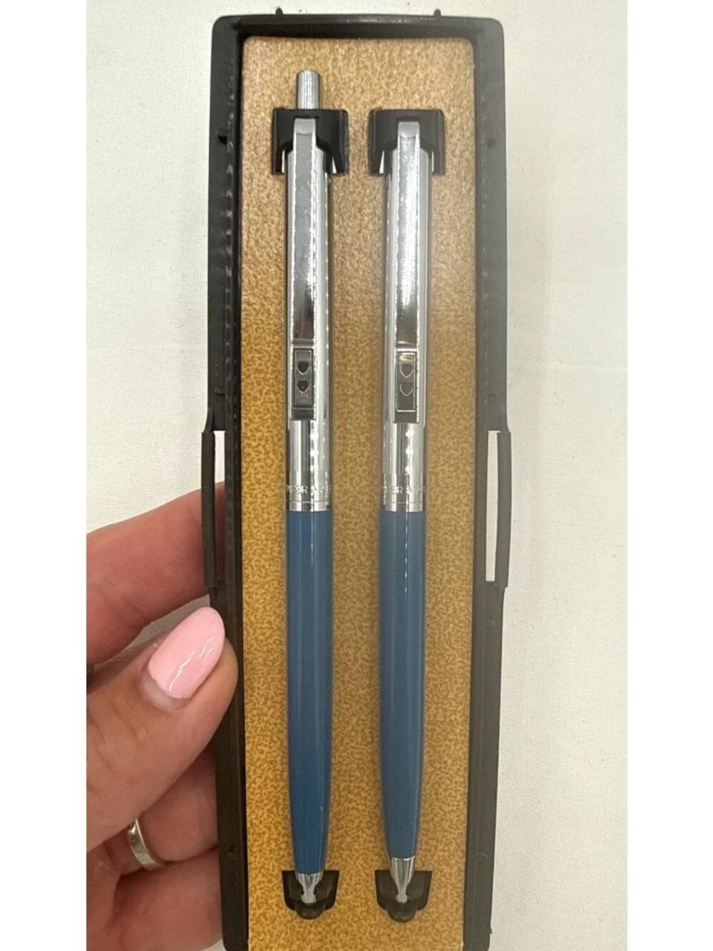 Vtg Paper Mate Double Heart Ballpoint Pen/Pencil Set Blue Barrels & Chrome Trim
